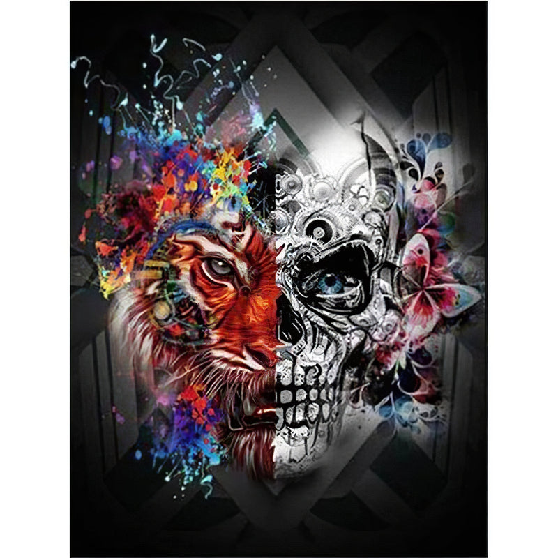 Half Tiger Half Humain Skull Diamond Painting Diamond Art Kit
